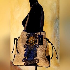 Rare, Gold-Tone Lion Head Door Knocker Suede & Leather Sharif 1827 Handbag. NWT